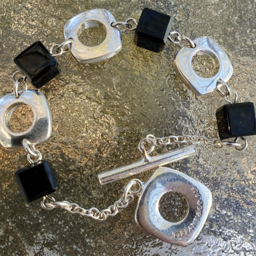 Tiffany Black Onyx Cushion Bracelet in Sterling Silver 925. 7.5 Inches Long